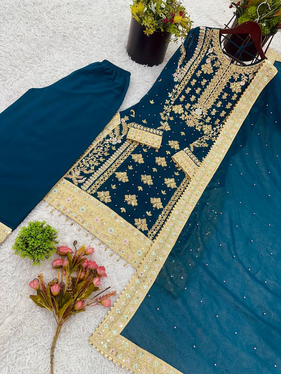 Blue Silk Embroidered Salwar Kameez — Pakistani Wedding & Eid Party Dress
