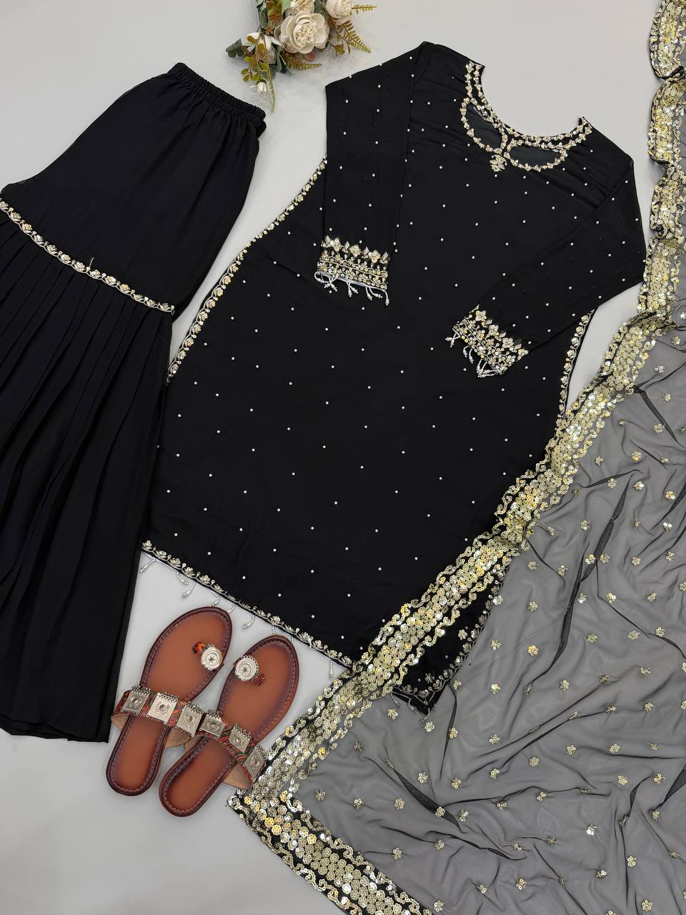 Designer Top, Palazzo & Dupatta in Heavy Faux Georgette with Embroidery Sequence Work | SRK-5353