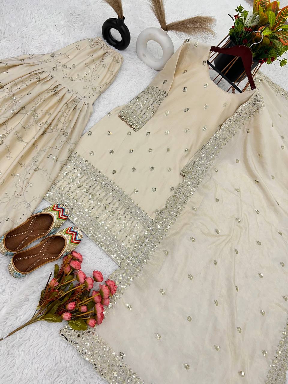 Beige Chinon Silk Embroidered Sharara Set - Designer Evening Party Wear - view 6 | Zahra London