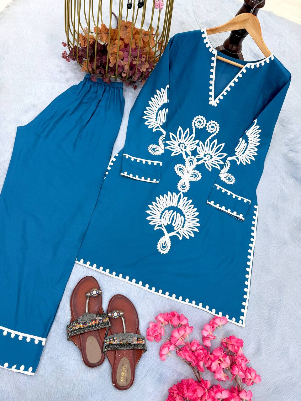 Designer Pure Rayon Embroidered 2-Piece Co-Ord Set