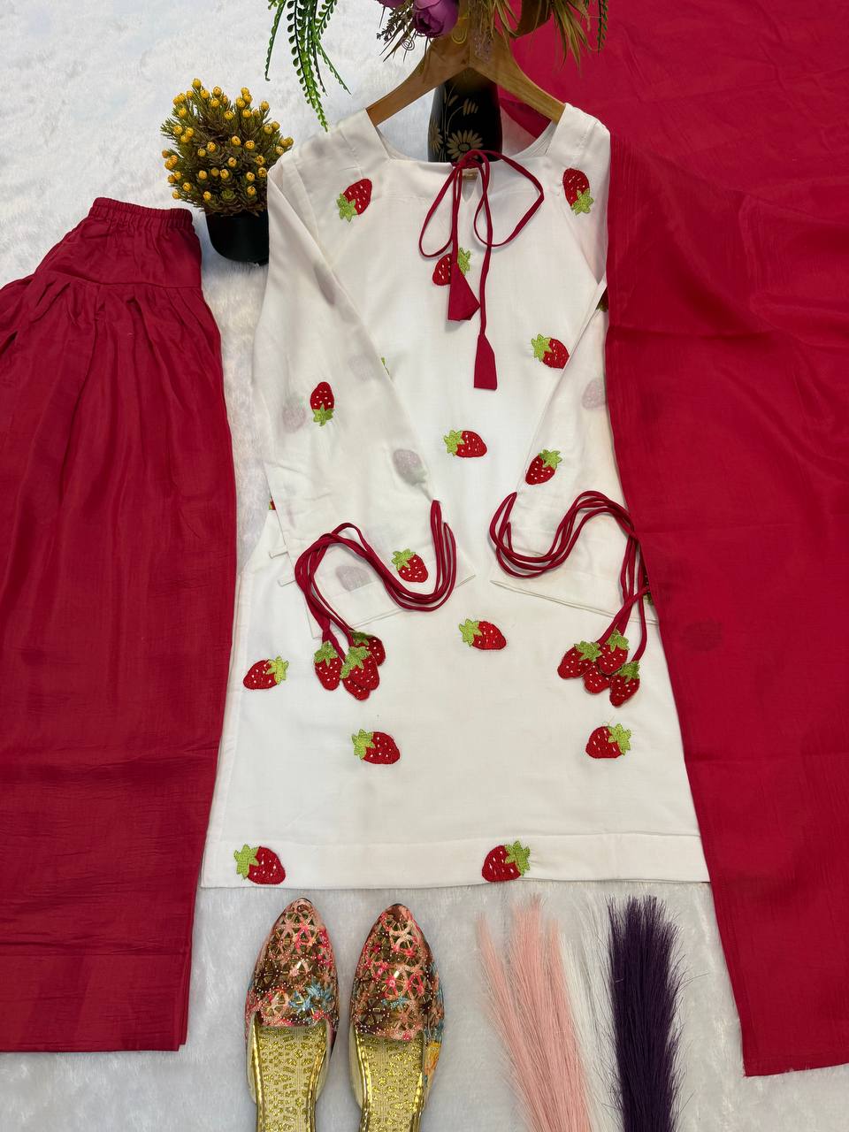 Designer Party Wear Cameric Cotton Embroidered Top with Farshi Pant and Dupatta | MC-2048