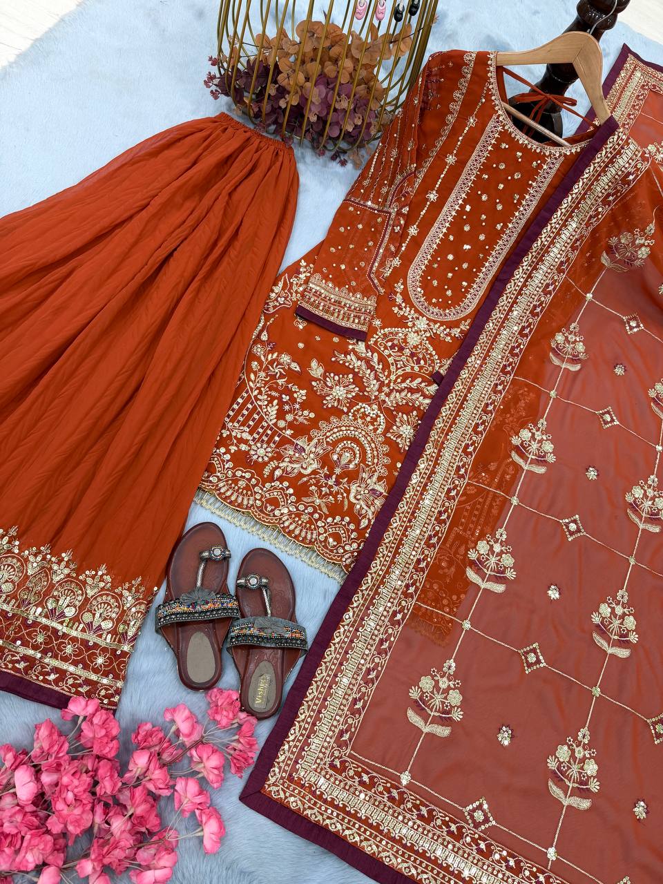 Orange Georgette Sequin & Moti Embroidered Palazzo Suit — Festive Wear