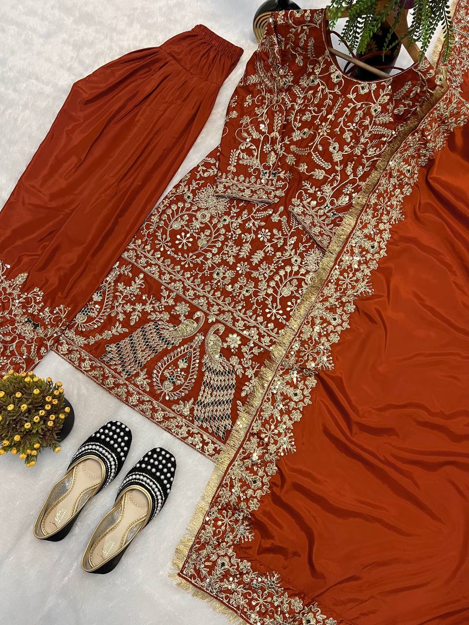 Designer Natural Crepe Silk 5mm Sequin Embroidered Long Punjabi Top Farshi Salwar & Dupatta Set