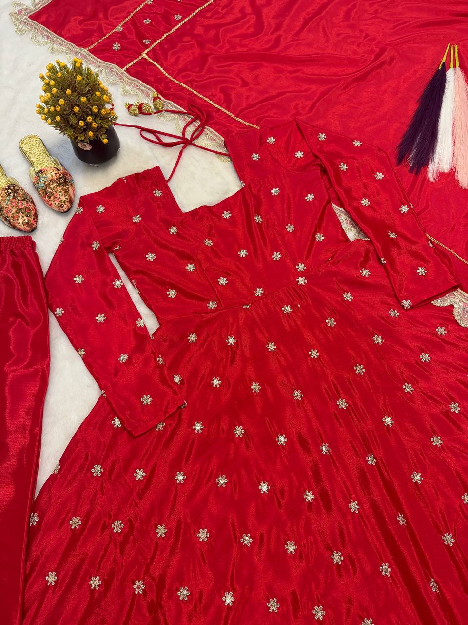 Designer Chinon Silk Anarkali Gown with Pant and Dupatta