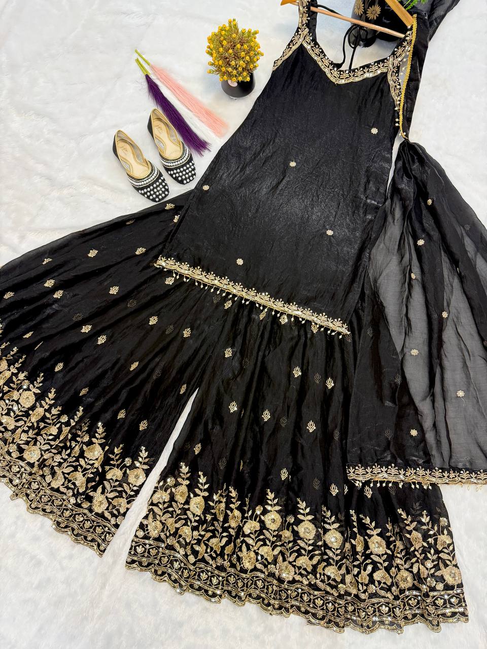 Designer Frendy Silk 5mm Sequin Multi Needle & Zari Embroidered Top Sharara & Dupatta Set