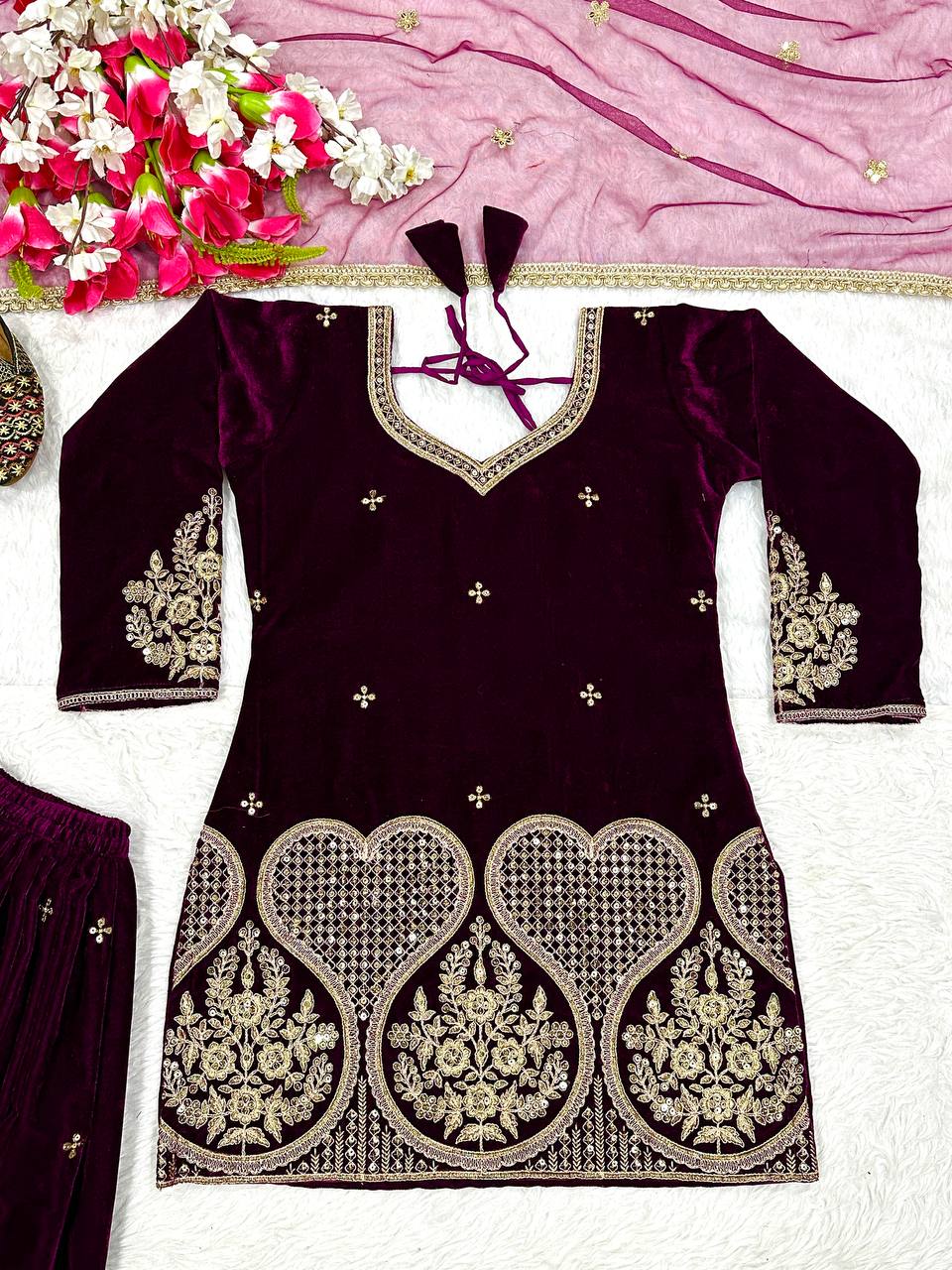 Designer Party Wear Top, Sharara Palazzo & Dupatta in Pure Heavy Viscous Velvet with Multi Needle Sequence