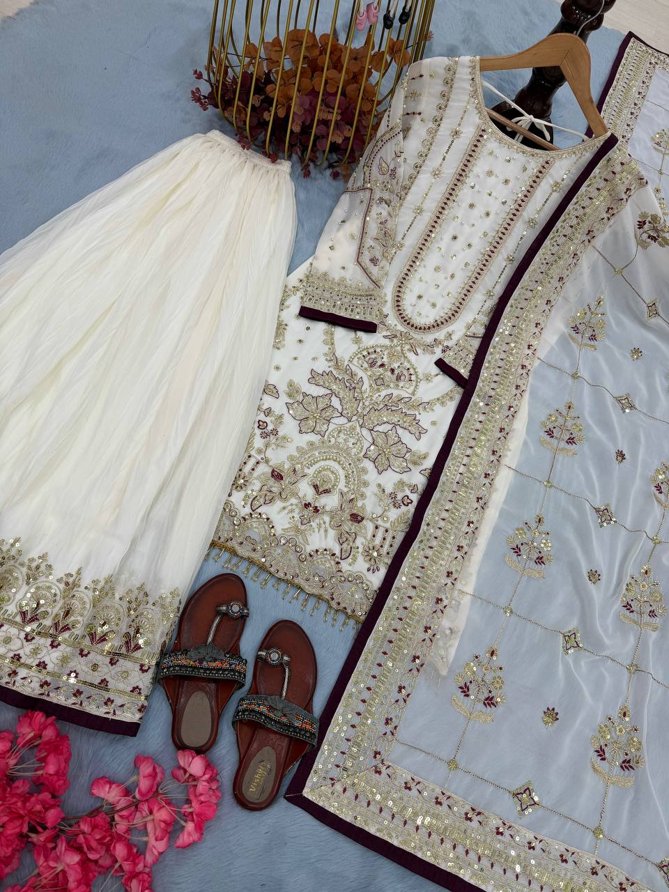 Georgette Sequin & Moti Embroidered Palazzo Suit — Multi Colour Festive Wear