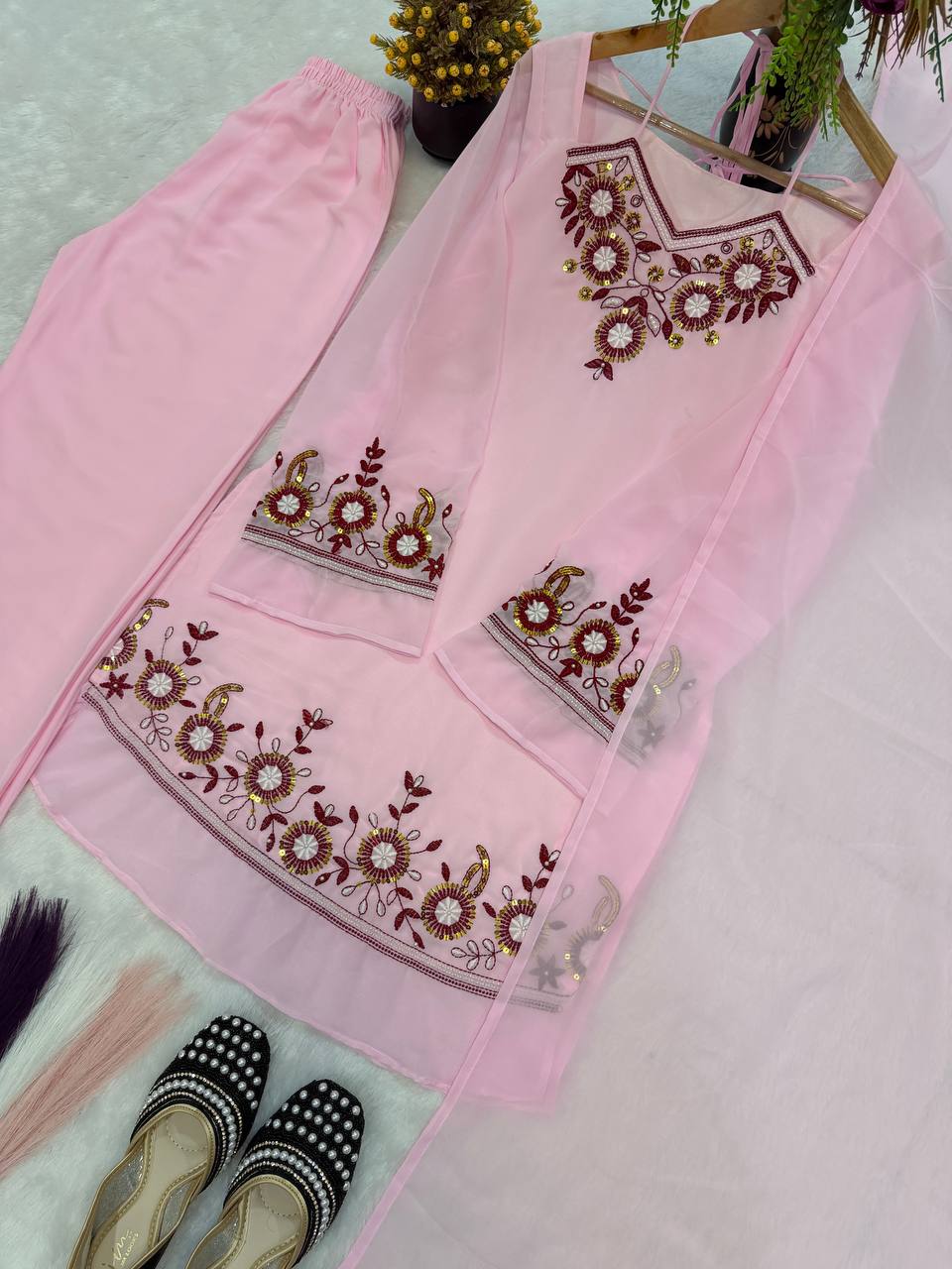 Designer Heavy Faux Georgette Multi Needle Sequin Embroidered Top Palazzo & Dupatta Set