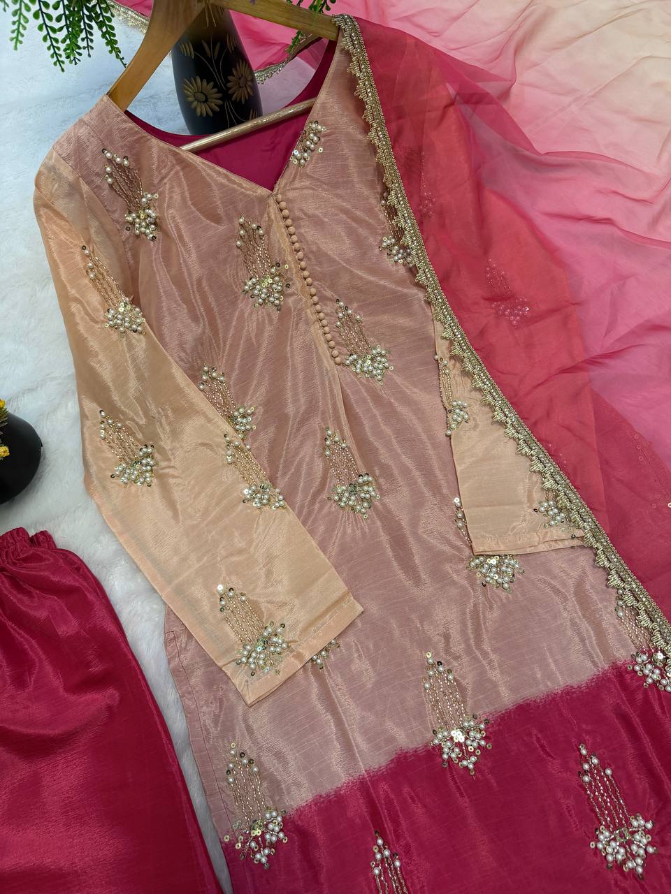 Designer Heavy Chinon Silk Real Bead & Moti Hand Work Sequin Top Palazzo & Chiffon Dupatta Set