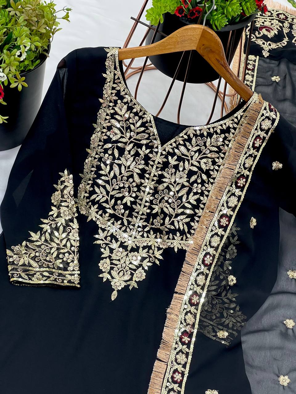 Faux Georgette Sequin Embroidered Sharara Dupatta Set — Festive Wear