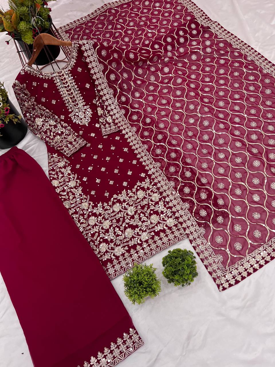 Maroon Faux Georgette Embroidery Salwar Suit