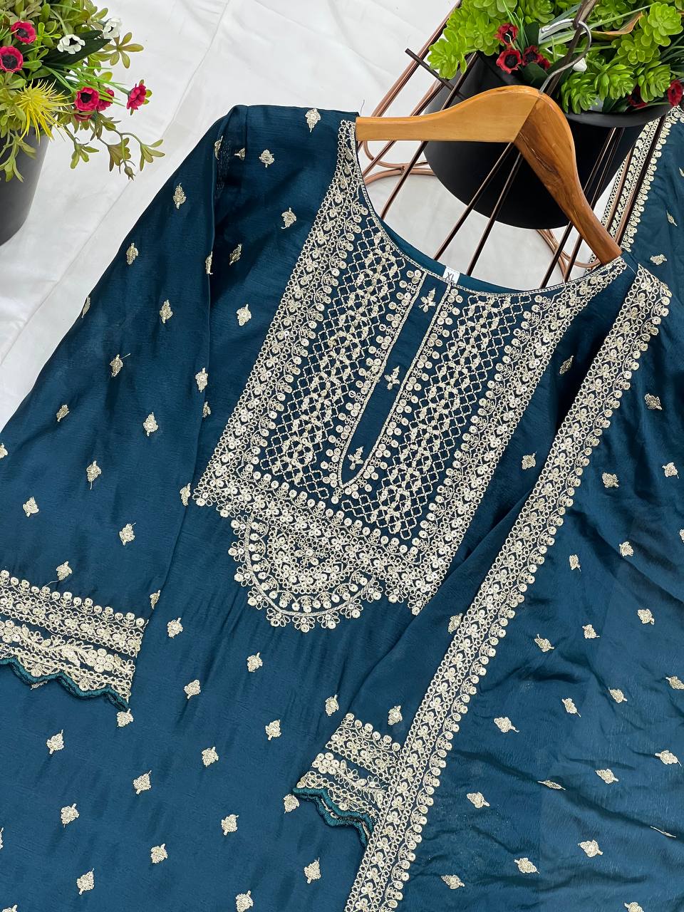 Peacock Blue Chinon Silk Gharara Suit with Zari & Sequin Work