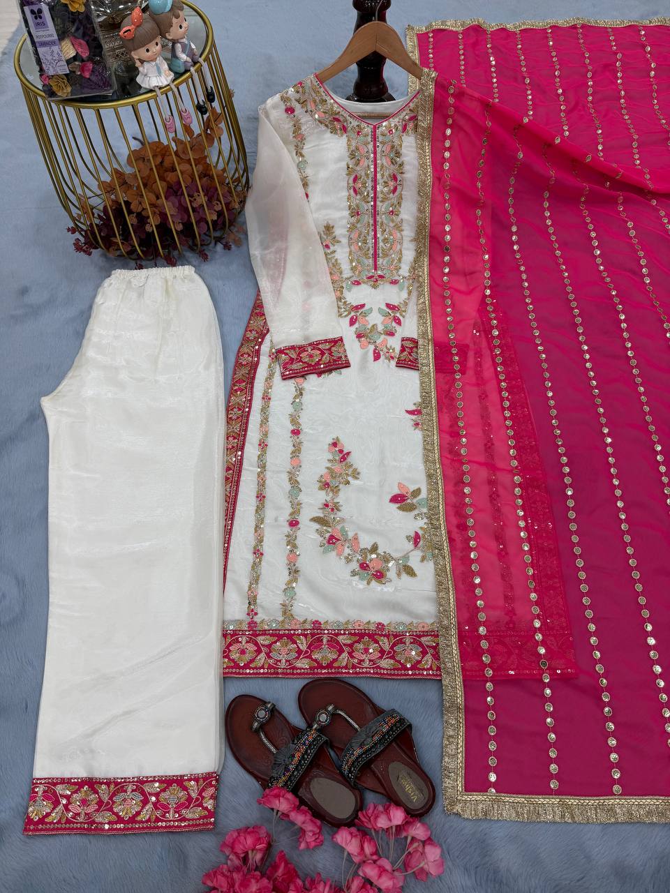 GMY Silk Sequin & Moti Embroidered Straight Pant Suit — Festive Wear