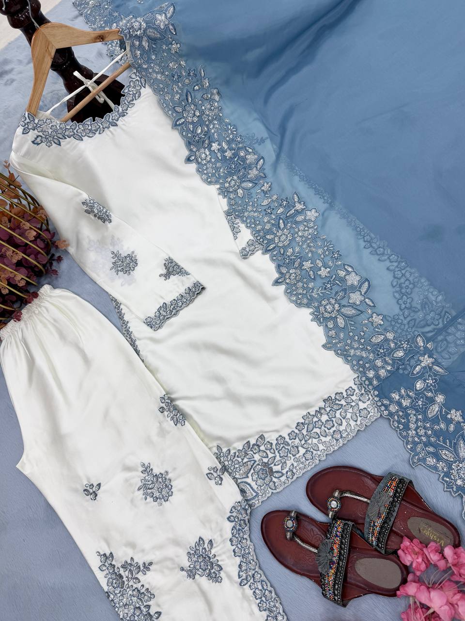 White Roman Glass Sequins Palazzo Suit