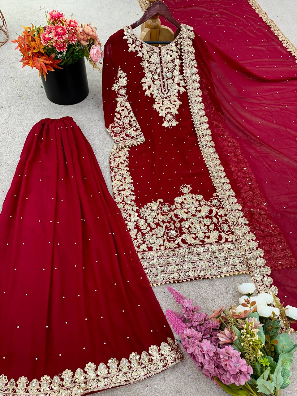 Maroon Georgette Coding Sequence Salwar Suit with Moti Work
