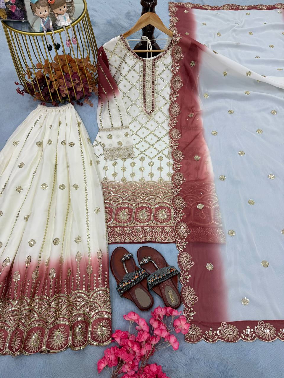Dual Tone Star Georgette Sequin Embroidered Palazzo Suit — Festive Wear