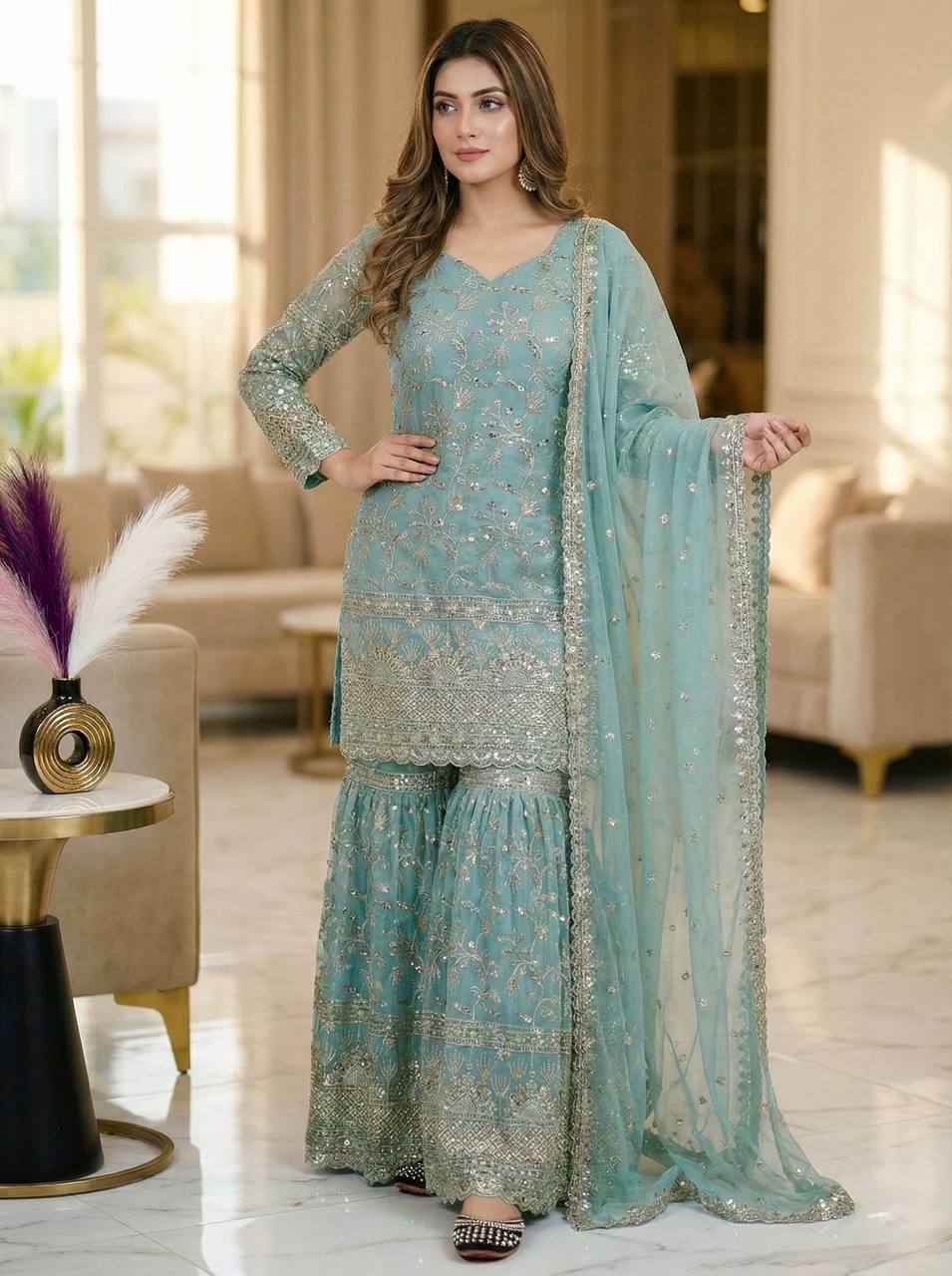 Designer Fancy Crushi Silk Sequin Embroidered Top Sharara Palazzo & Dupatta Set