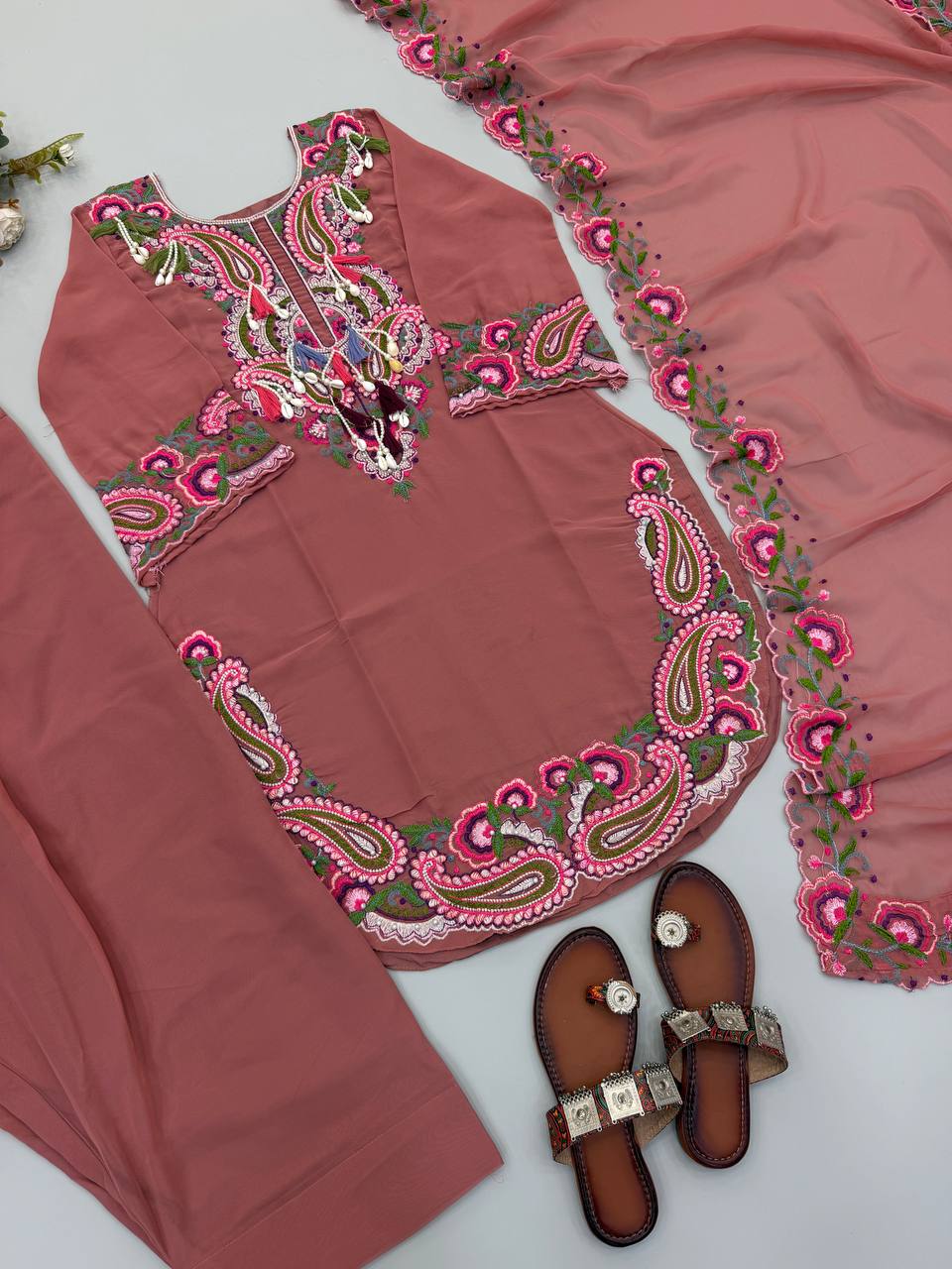 Designer Top, Farshi & Dupatta in Pure Heavy Georgette with Embroidery Thread Work | SRK-5348