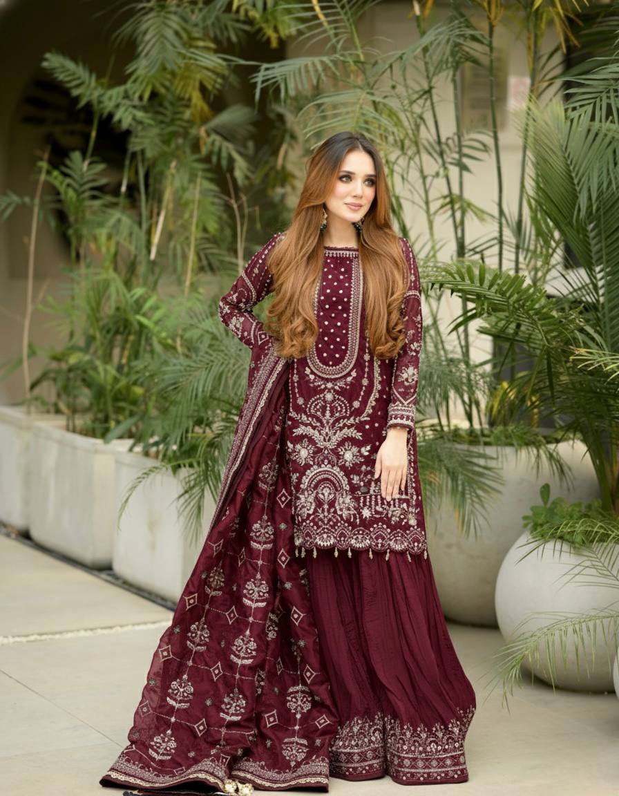 Georgette Sequin & Moti Embroidered Palazzo Suit — Multi Colour Festive Wear