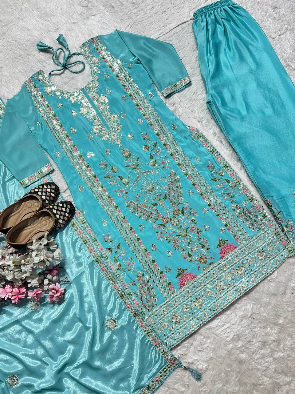 Designer Sharara Palazzo Set in Pure Chinnon Silk with Embroidery Coding Sequence Work | ND-5062