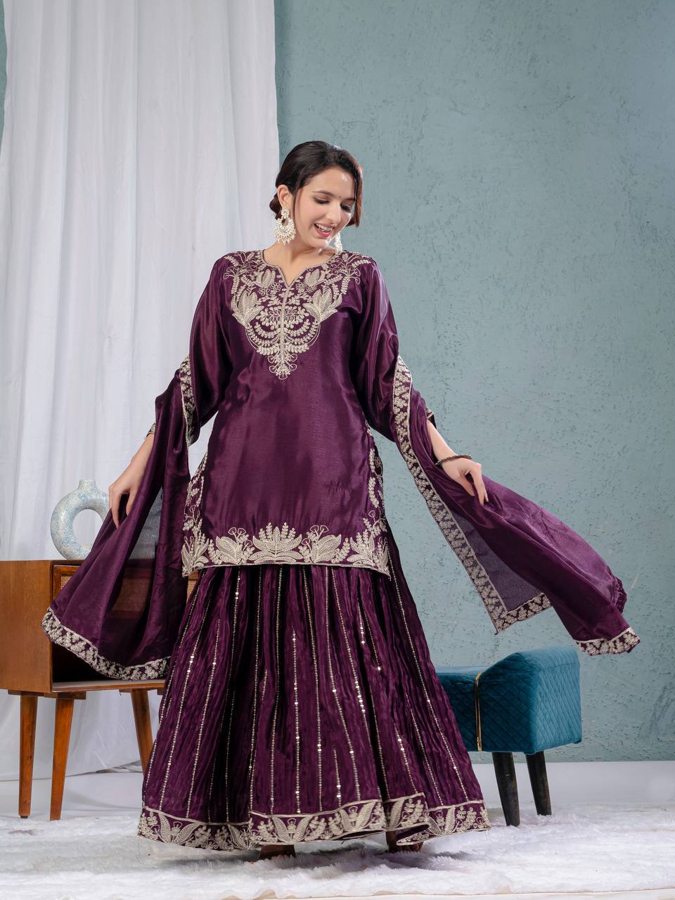 Designer Sharara Set in Pure Heavy Chinon Silk with Embroidery Coding Sequence & Full Embroidery Sleeve
