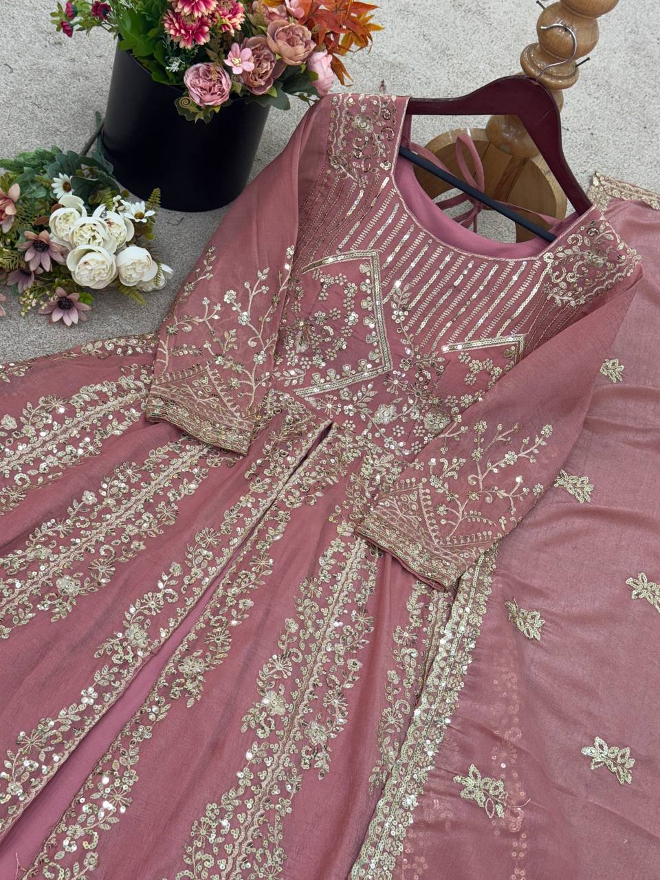 Peach Crunchy Silk Lace Embroidered Gown — Wedding & Party Wear