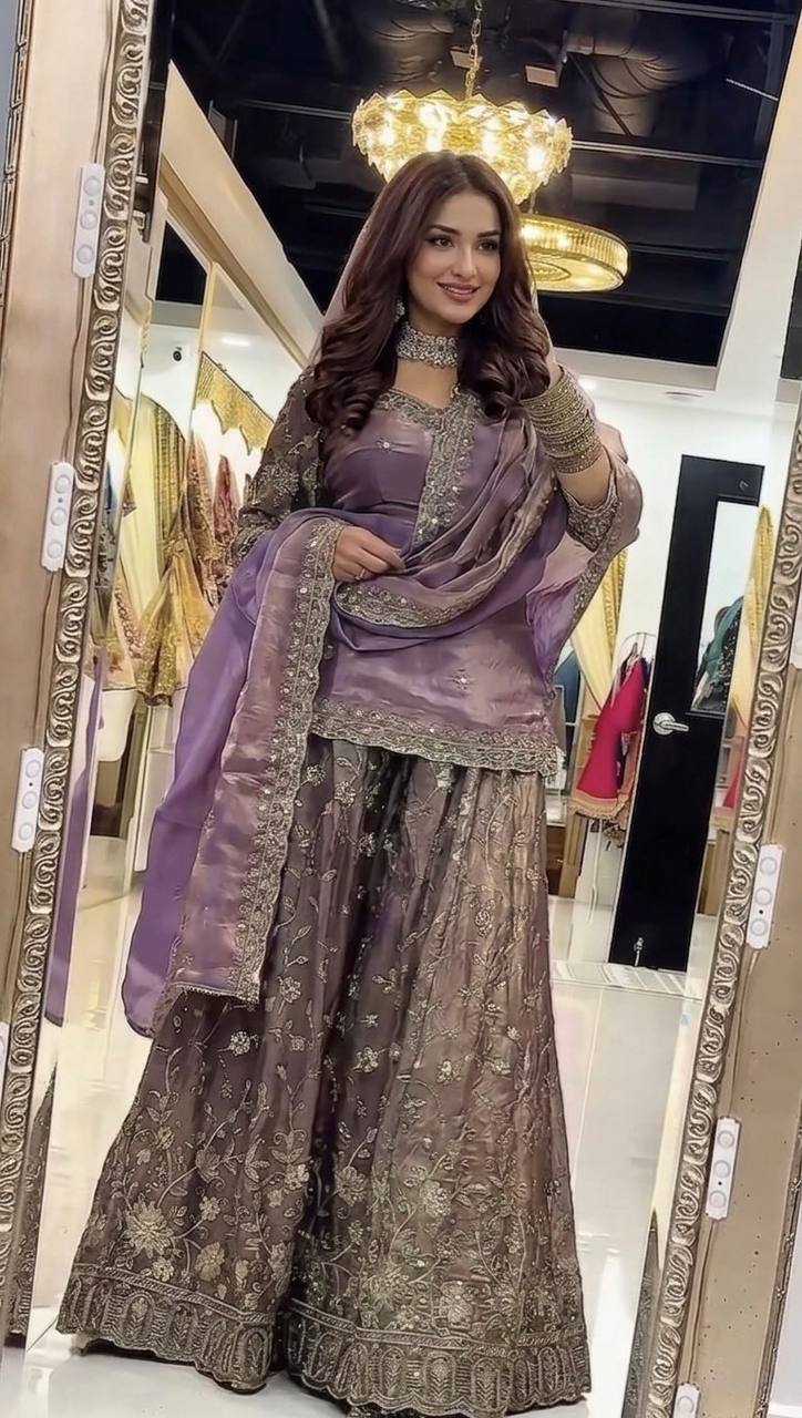 Designer Frendy Silk Sequin & Zari Embroidered Kali Cut Top Palazzo & Dupatta Set