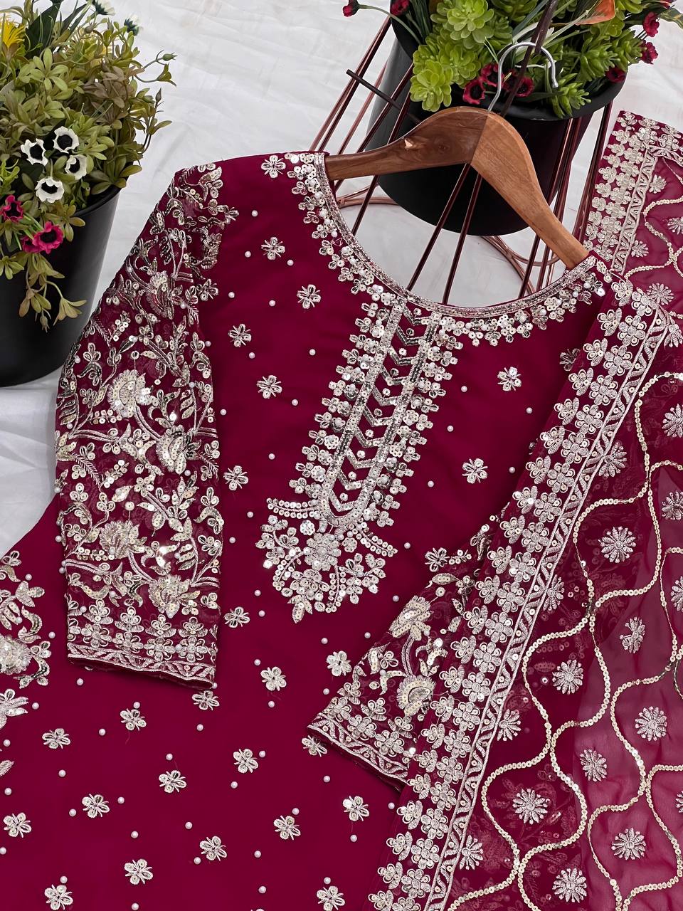 Maroon Faux Georgette Embroidery Salwar Suit