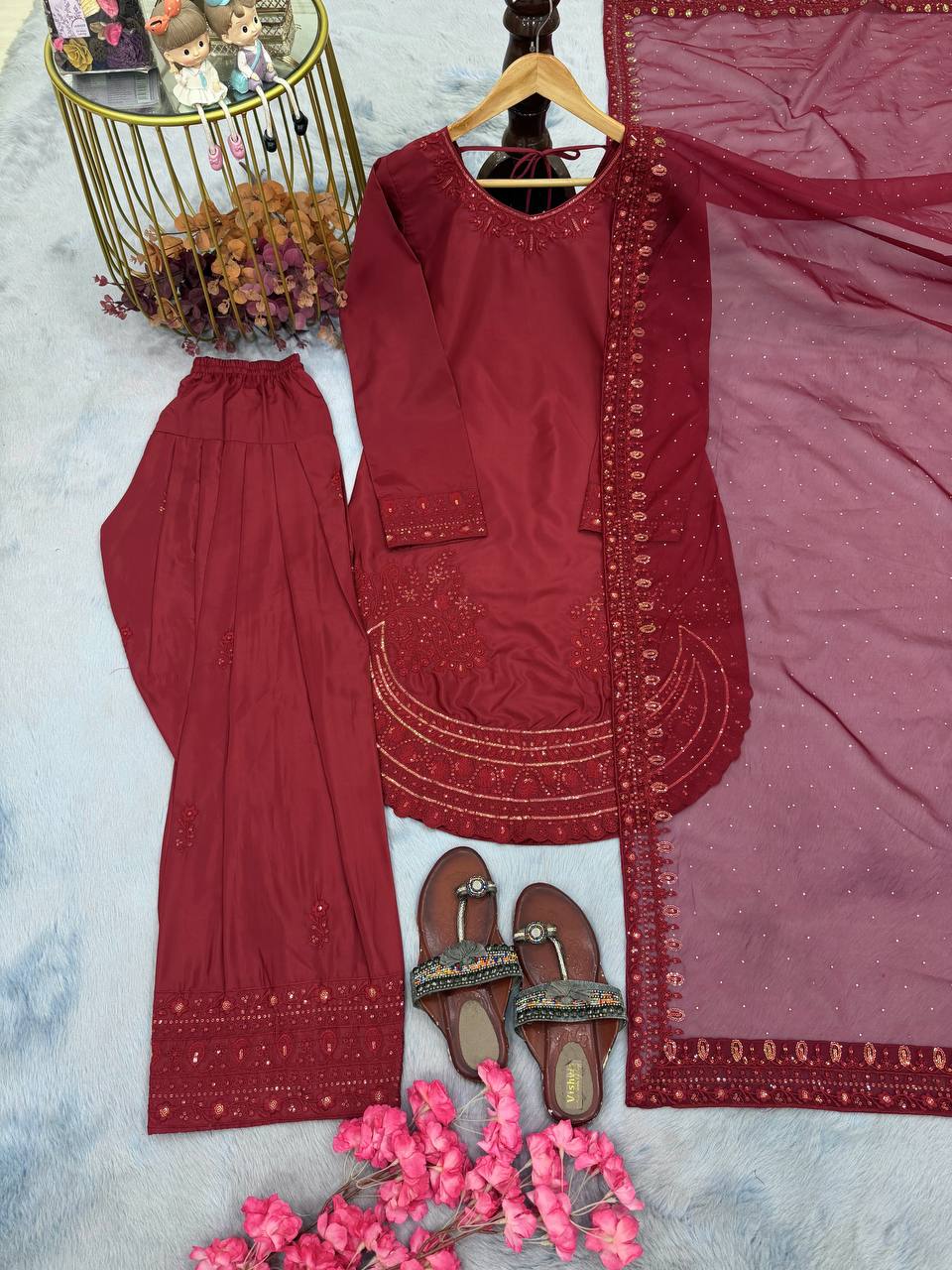 Party Wear Crepe Top With Farshi Palazzo & Organza Dupatta Set Stitched
