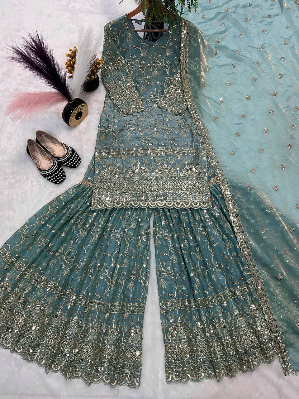 Designer Fancy Crushi Silk Sequin Embroidered Top Sharara Palazzo & Dupatta Set