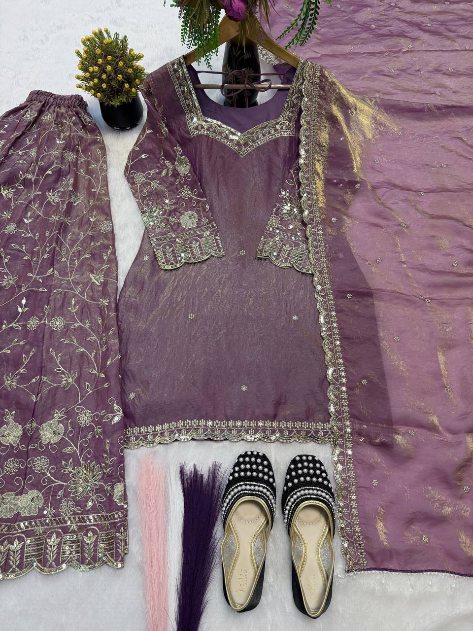 Designer Frendy Silk Sequin & Zari Embroidered Kali Cut Top Palazzo & Dupatta Set