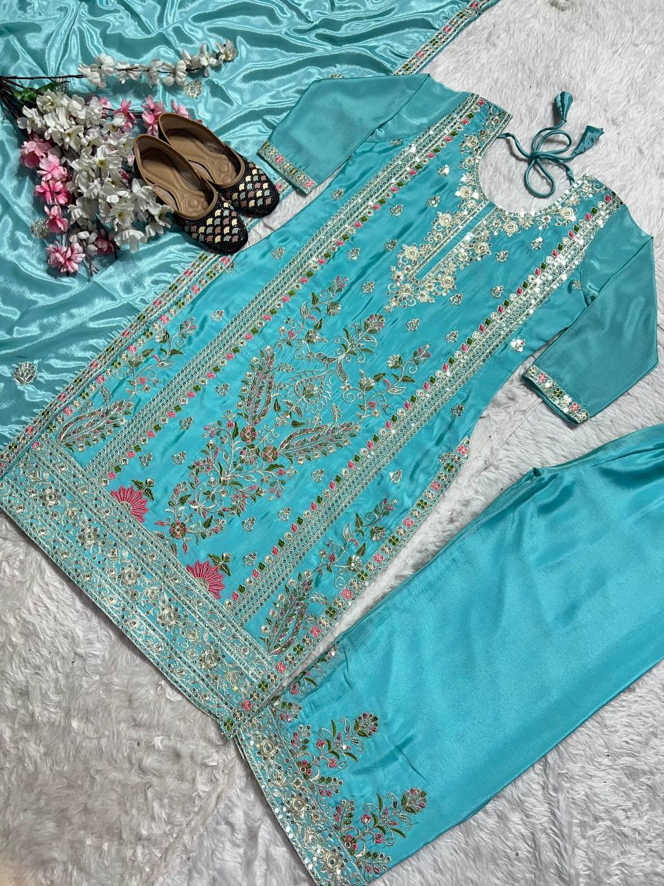 Designer Sharara Palazzo Set in Pure Chinnon Silk with Embroidery Coding Sequence Work | ND-5062