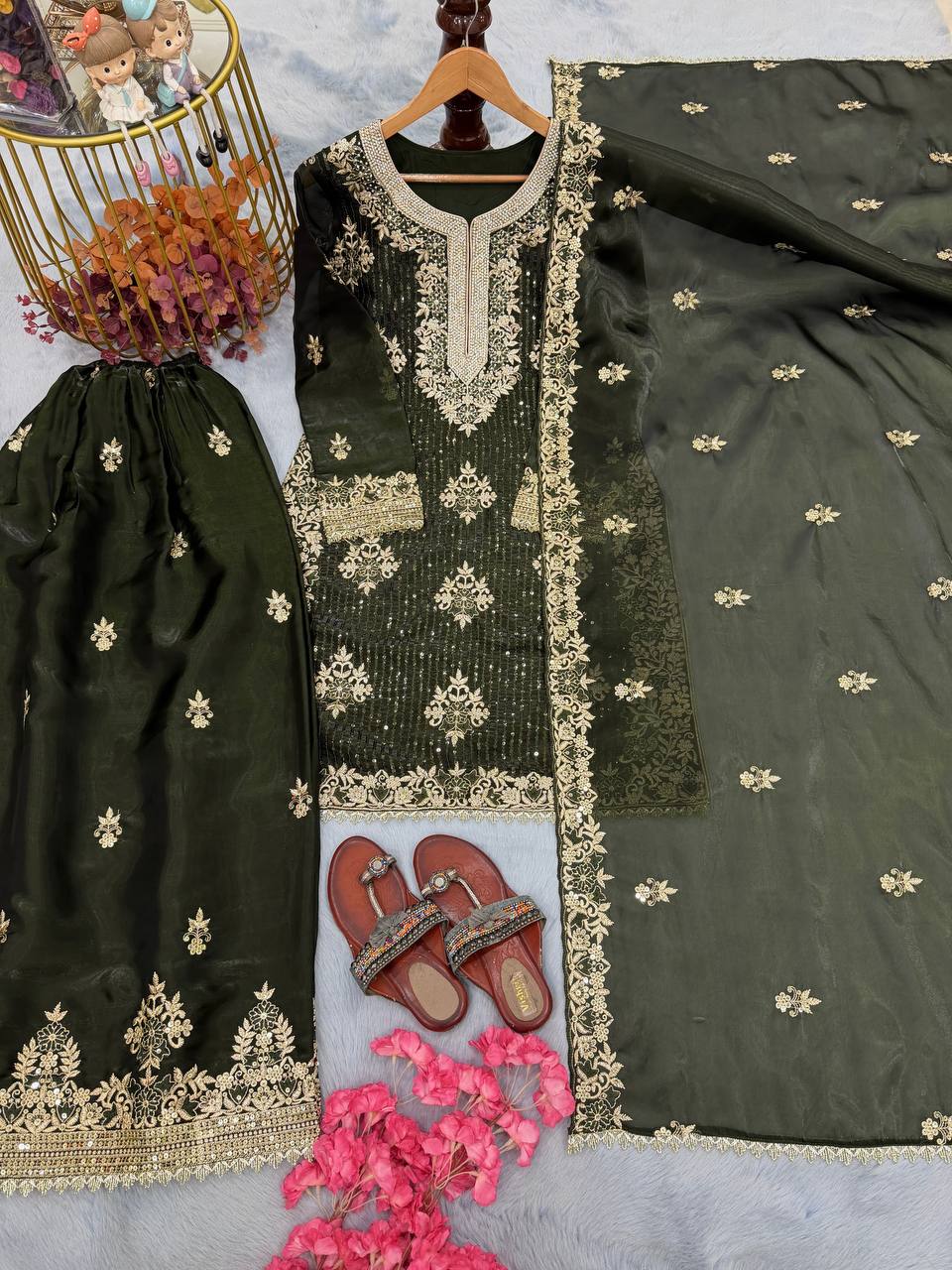 Silk Embroidered Stones Sequins Palazzo Suit Festive Wear