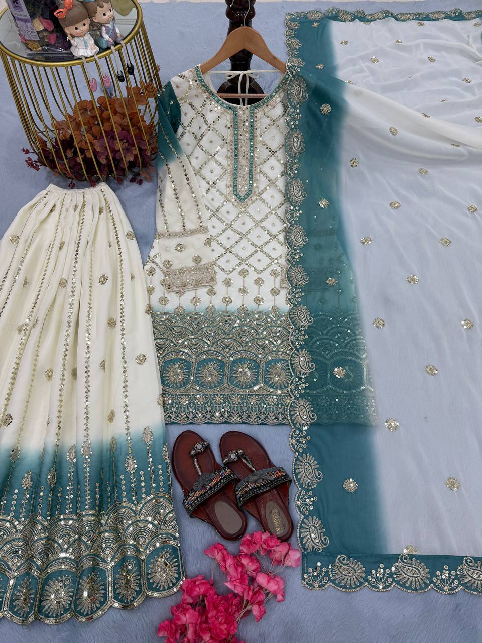 Dual Tone Star Georgette Sequin Embroidered Palazzo Suit — Festive Wear