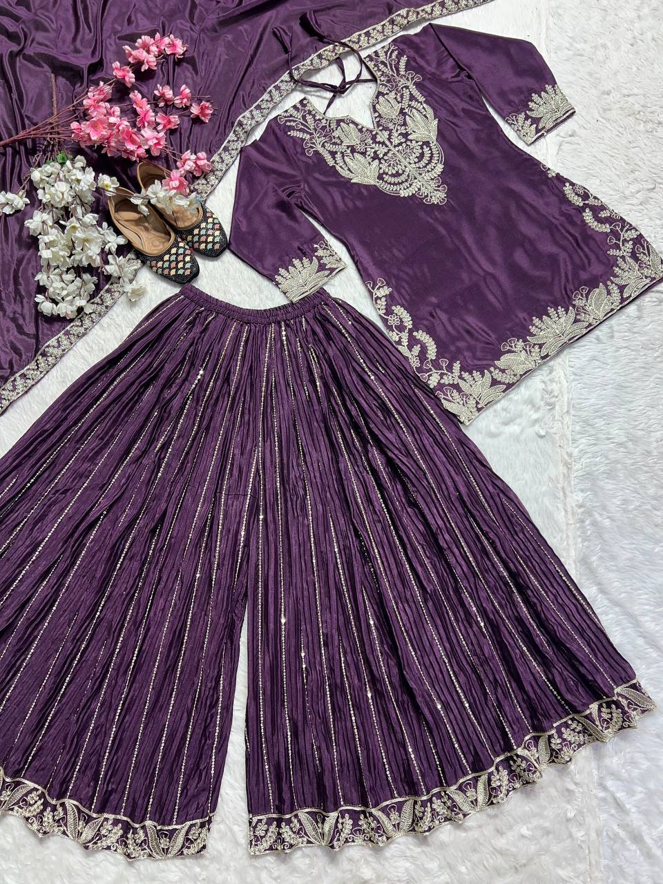 Designer Sharara Set in Pure Heavy Chinon Silk with Embroidery Coding Sequence & Full Embroidery Sleeve