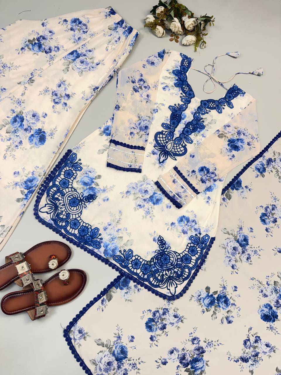 Designer Top, Palazzo & Dupatta in Heavy Faux Georgette Silk with Embroidery & Digital Print | SRK-5352