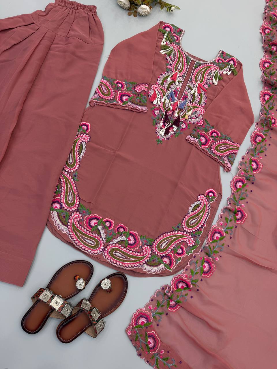 Designer Top, Farshi & Dupatta in Pure Heavy Georgette with Embroidery Thread Work | SRK-5348