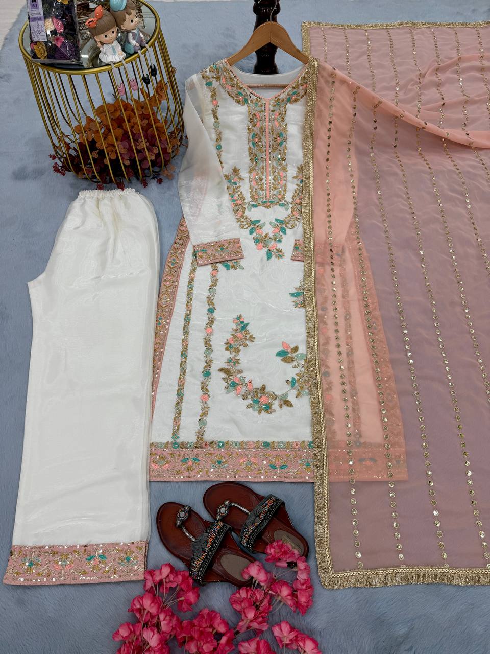 GMY Silk Sequin & Moti Embroidered Straight Pant Suit — Festive Wear