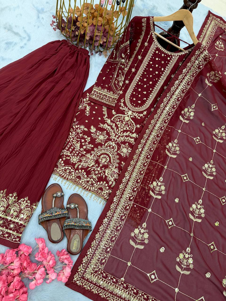 Georgette Sequin & Moti Embroidered Palazzo Suit — Multi Colour Festive Wear