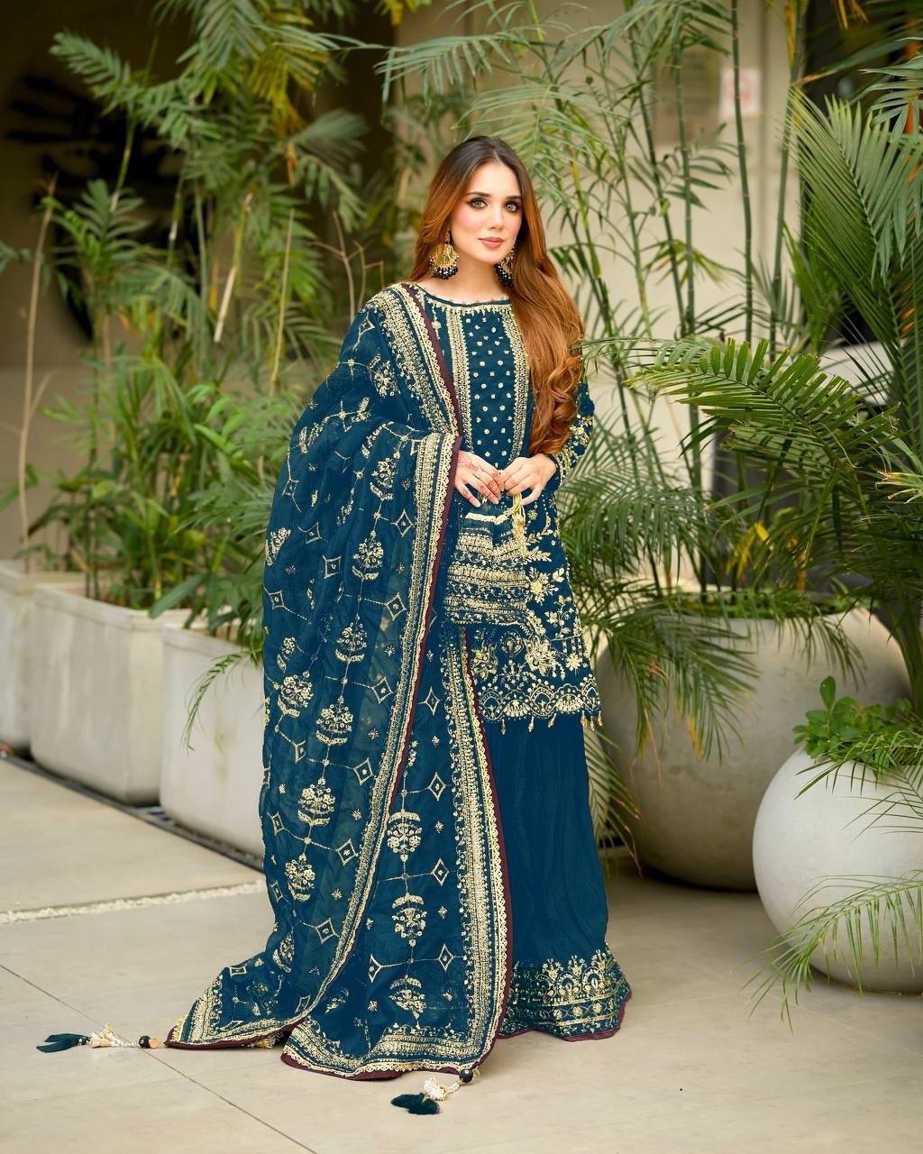 Georgette Sequin & Moti Embroidered Palazzo Suit — Multi Colour Festive Wear