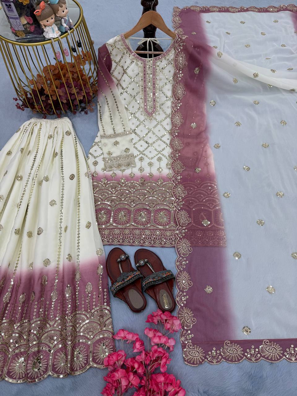 Dual Tone Star Georgette Sequin Embroidered Palazzo Suit — Festive Wear