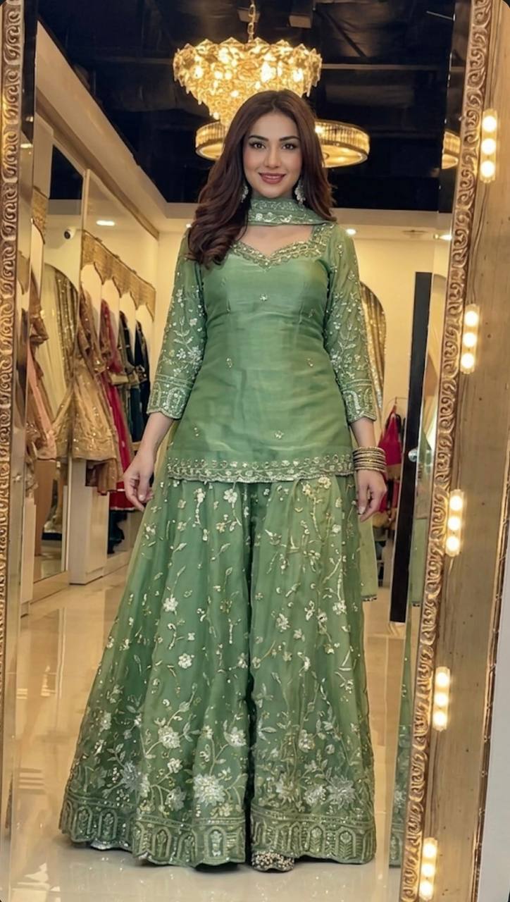 Designer Frendy Silk Sequin & Zari Embroidered Kali Cut Top Palazzo & Dupatta Set