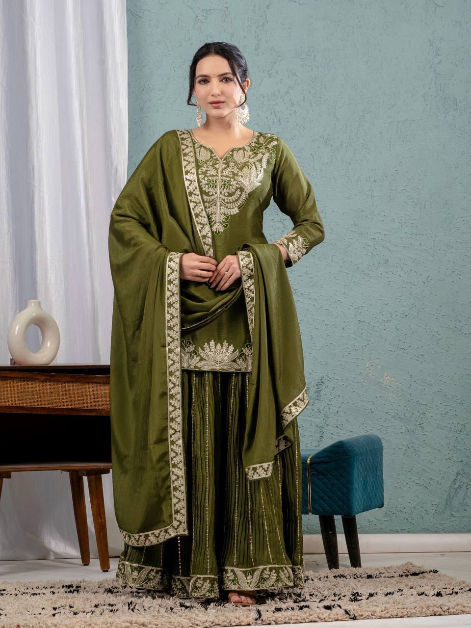 Designer Sharara Set in Pure Heavy Chinon Silk with Embroidery Coding Sequence & Full Embroidery Sleeve