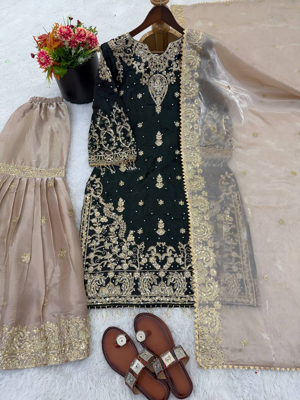 Royal Eid Designer Sharara Set | Heavy GMY Silk Embroidered 3-Piece – Fully Stitched