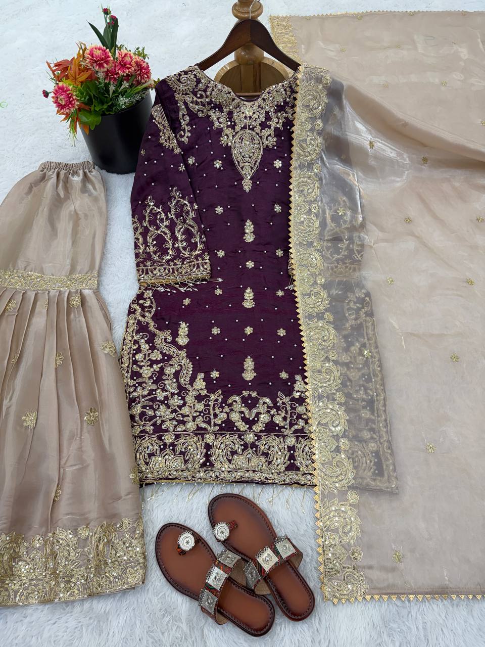 Royal Eid Designer Sharara Set | Heavy GMY Silk Embroidered 3-Piece – Fully Stitched