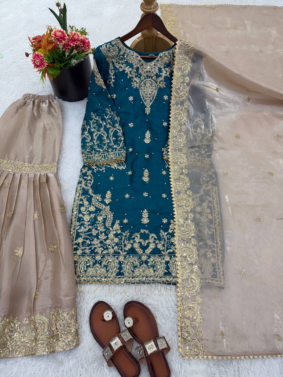 Royal Eid Designer Sharara Set | Heavy GMY Silk Embroidered 3-Piece – Fully Stitched