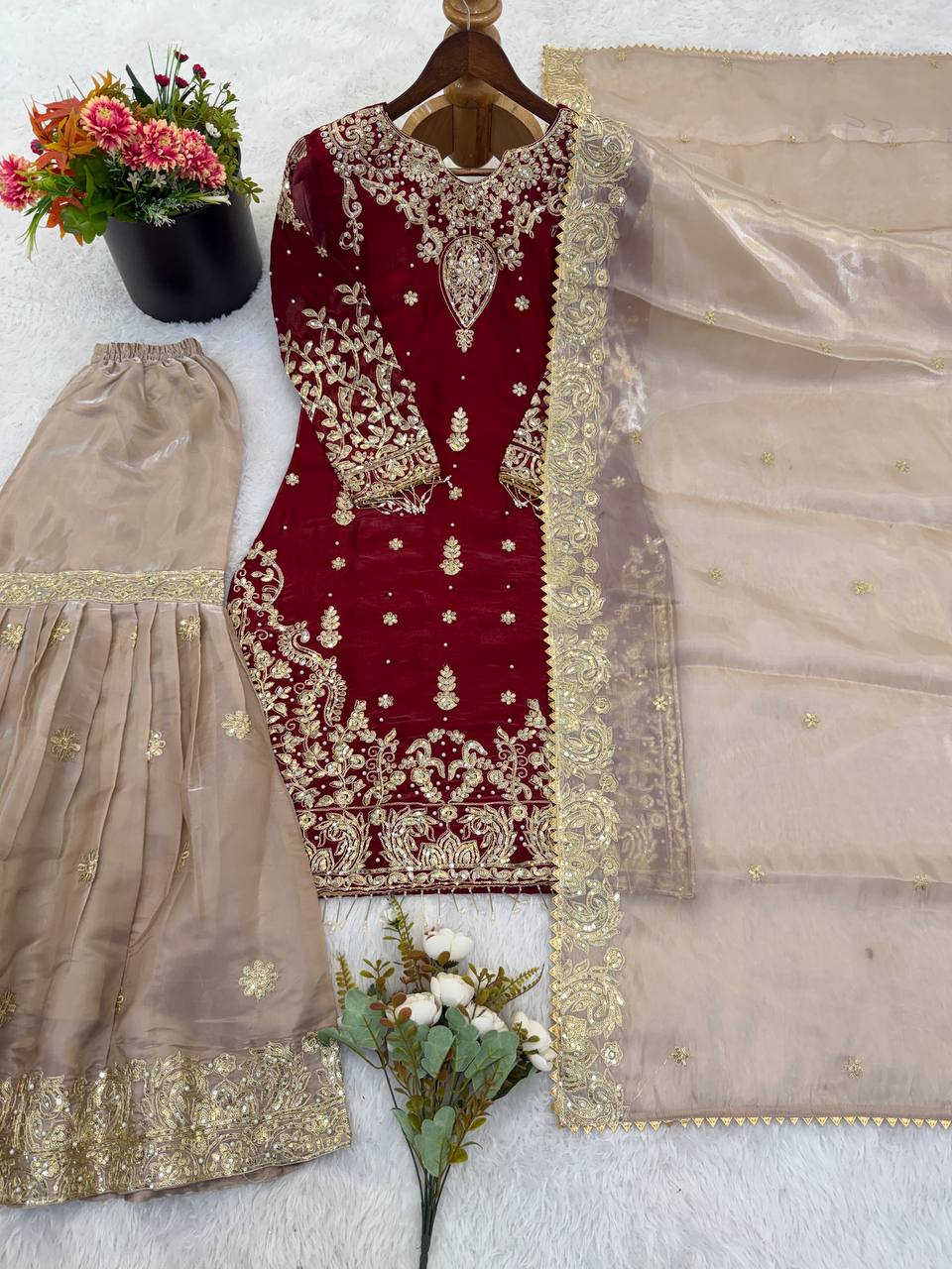 Royal Eid Designer Sharara Set | Heavy GMY Silk Embroidered 3-Piece – Fully Stitched