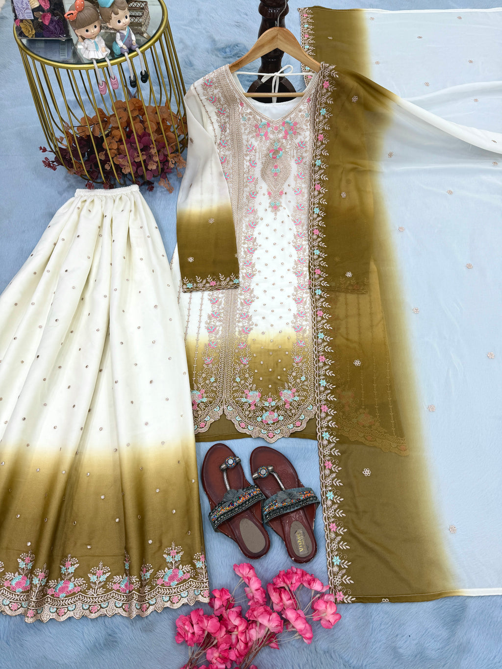 Designer Party Wear Heavy Dual Tone Georgette Top Palazzo & Dupatta Set