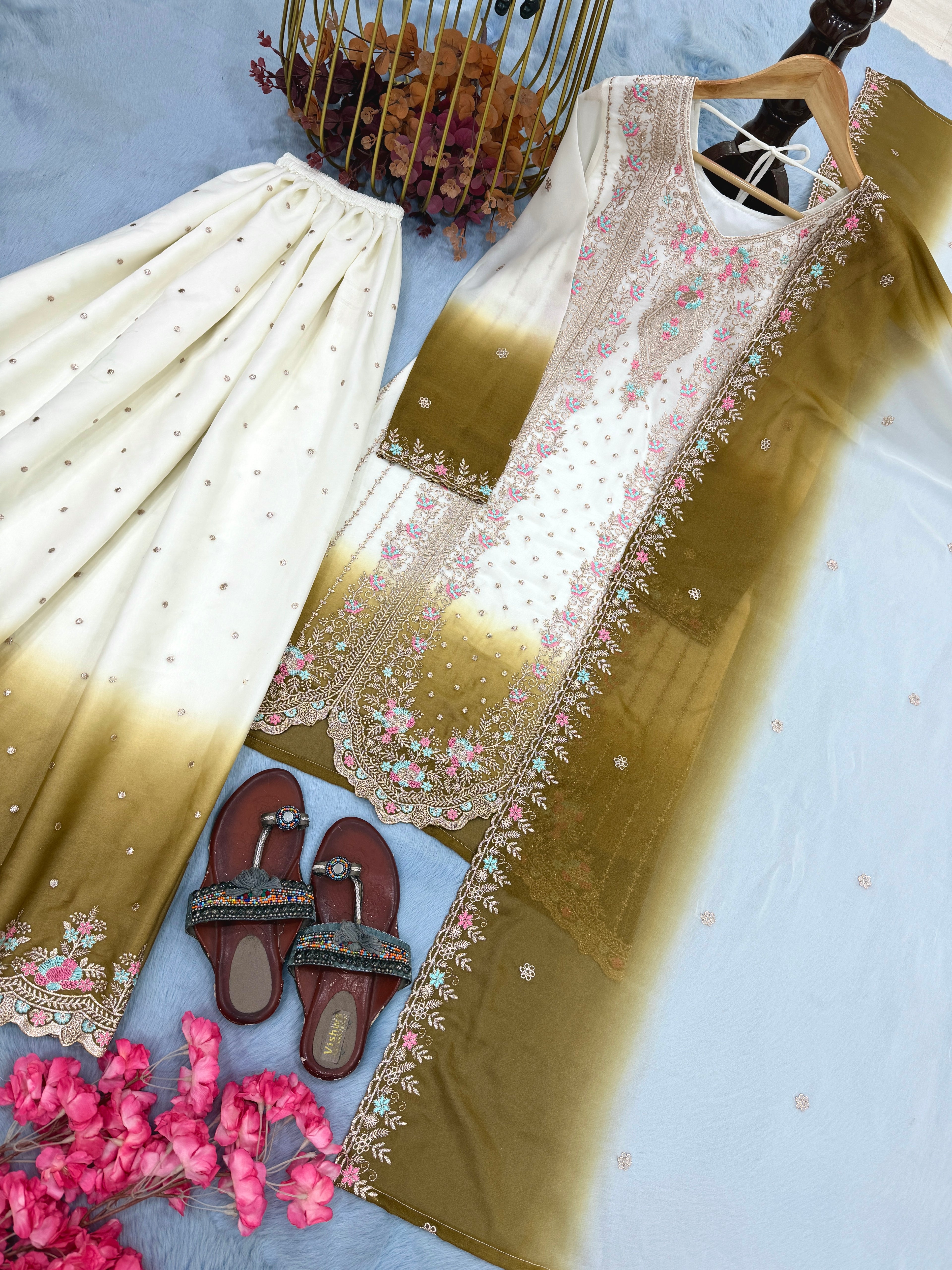 Designer Party Wear Heavy Dual Tone Georgette Top Palazzo & Dupatta Set
