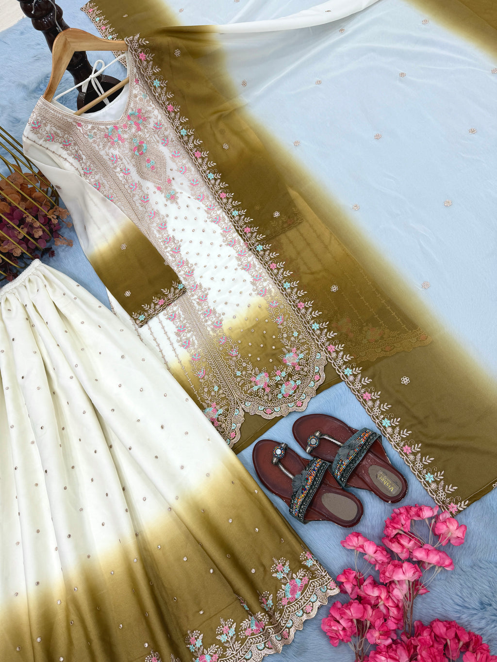 Designer Party Wear Heavy Dual Tone Georgette Top Palazzo & Dupatta Set
